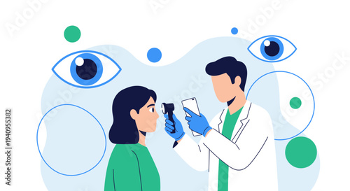 Ophthalmologist examining patient's eye with ophthalmoscope, eye care concept