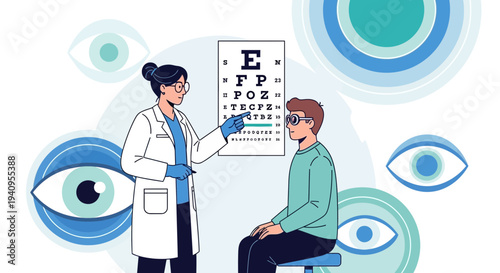 Optometrist examining patient's eyes with eye chart and abstract eye graphics