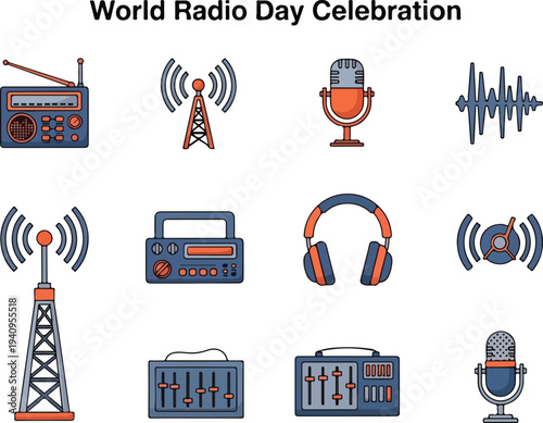 Image shows radiothemed icons antennas radios microphones sound waves headphones and a sound mixer celebrating World Radio Day
