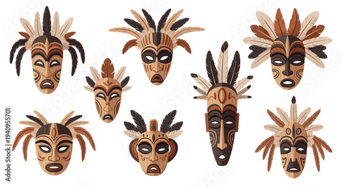Nine unique tribal wooden masks with intricate carved patterns and feathers are arranged against a white background.