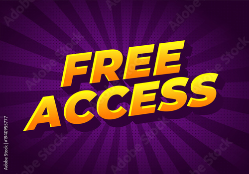 Bold yellow 3d text free access on purple radial halftone background, comic style promotional banner