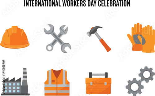 The image displays constructionrelated icons hard hat wrenches hammer gloves a factory vest toolbox and gears