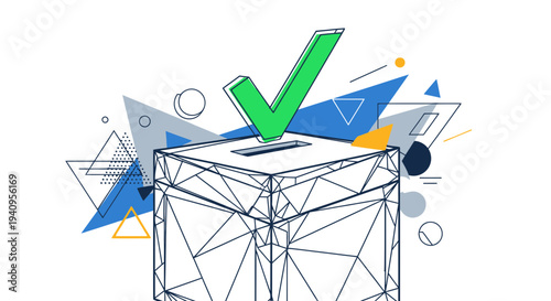 Modern 3D green checkmark icon descending into a wireframe ballot box, surrounded by abstract geometric shapes, symbolizing successful voting or election results in a digital context.