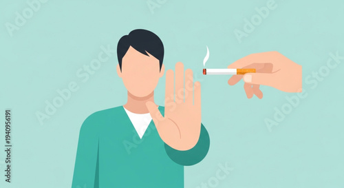Quit Smoking Awareness Vector, Man Rejecting Cigarette Offer Healthy Lifestyle and No Tobacco Concept