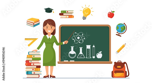 Female Teacher in Green Dress Presenting Science Lesson on Chalkboard with Education Icons Vector Illustration