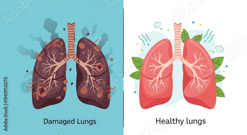 Smoking Impact on Human Lungs Vector Illustration, Diseased vs Healthy Lung Anatomy Before After Healthcare Concept