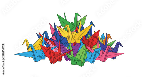 A large pile of colorful paper origami cranes in various vibrant shades is clustered together on a white background.