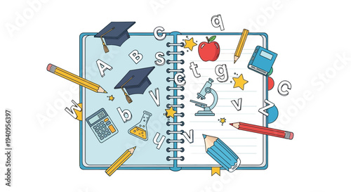 Open Notebook with Education and Learning Elements Vector Illustration for School, Study, and Knowledge Concepts