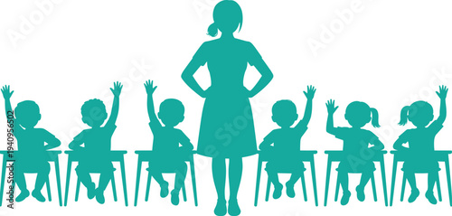 Teacher standing confidently in classroom, children raising hands at desks, student participation, education concept, learning environment, school illustration, teal silhouette
