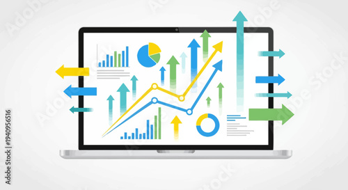 Laptop displaying financial growth charts and data analysis with upward arrows, representing business success and market trends vector illustration