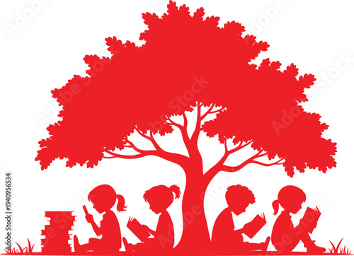 Red silhouette of children reading books under a large tree compared with black silhouettes of people distracted by mobile phones.