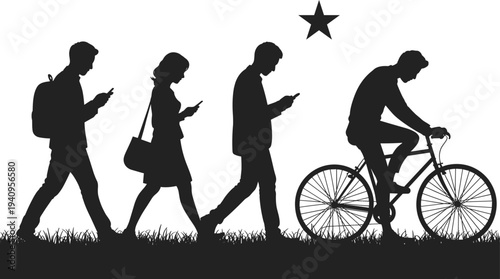 Silhouette of people walking and cycling while using smartphones outdoors on grass concept of digital addiction and mobile technology distraction.