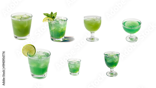 Fresh green cocktail set with lime, mint, and ice cubes in cold glass beverages isolated on white for a party refreshment