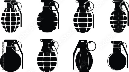 Set of black hand grenade silhouette icons featuring various explosive weapon designs fragmentation and smoke grenades for military tactical concepts