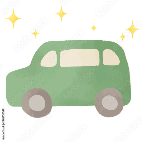 キラキラ輝く水彩風の緑の車イラスト｜自動車・乗用車・交通・ドライブ・移動・モビリティ・ベクター