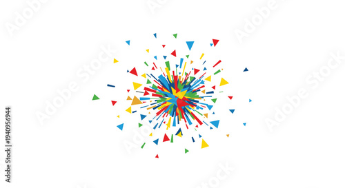 A central burst of colorful geometric triangles in red blue yellow and green radiates outward from a dense core against a plain white background.