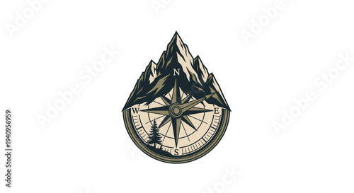 Adventure mountain landscape badge with compass representing travel exploration outdoor journey and nature adventure concept illustration