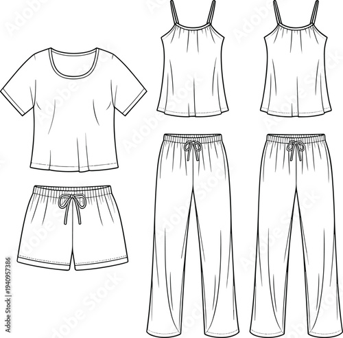 Women's Loungewear and Sleepwear Vector Flat Sketches Set Featuring Short Sleeve Tee Camisole Top Pajama Pants and Drawstring Lounge Shorts