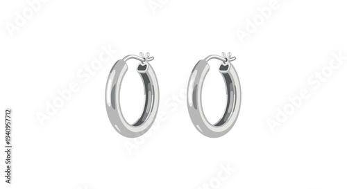 A pair of polished silver hoop earrings with visible hinge clasps are displayed side-by-side against a solid white background.