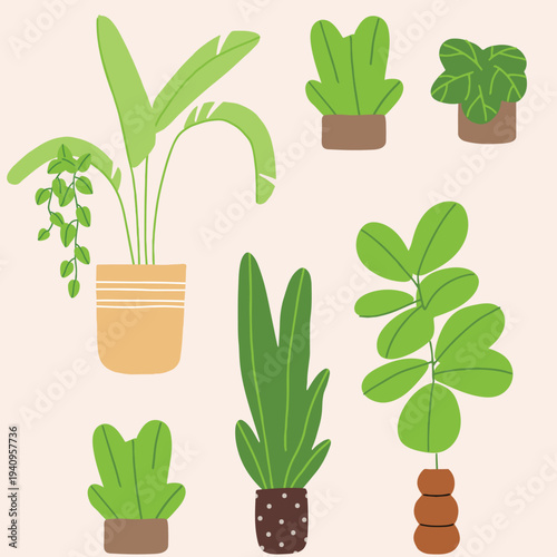 Charming botanical set featuring a variety of green houseplants in decorative pots, ideal for interior design, nature-themed projects, and creating a fresh, park-inspired atmosphere