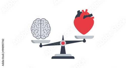 A dark grey mechanical balance scale holds a grey human brain on one tray and a red anatomical heart on the other tray.