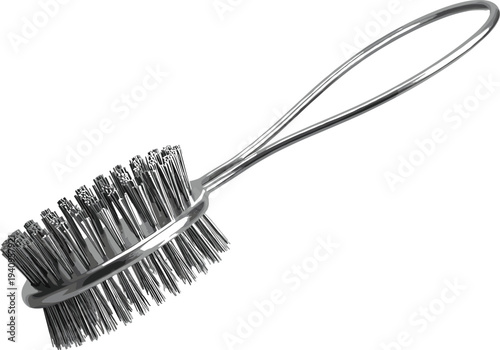 Round metal wire cleaning brush with handle, steel bristle scrub tool for kitchen grill rust removal isolated illustration