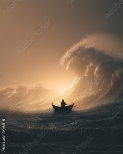 Powerful silhouette fisherman praying small boat open ocean massive wave rise nearby.