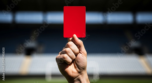 referee holding up a red card in a blurred stadium signaling a major penalty or player expulsion during a sports game