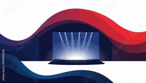 An illustration of a laptop on a theater stage with a theatrical mask and character design elements, surrounded by wavy lines and spotlights, celebrating World Theatre Day in a performing