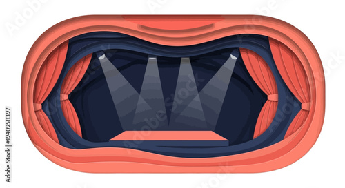 Vector illustration of a theater stage with a character and theatrical mask, set against a dark blue background with orange curtains, representing World Theatre Day in a performing arts