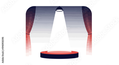 A vector illustration of a theater stage with a spotlight shining down on a red circular platform, set against a white background with a gray and red curtain, representing a performing arts