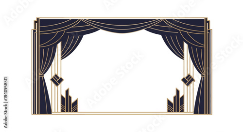 Illustration of a theater stage with a black curtain, gold accents, and a white background, representing performing arts and World Theatre Day.