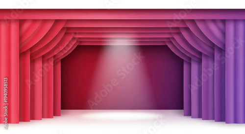 Vector illustration of a theater stage with red and purple curtains and a spotlight shining down on the empty stage for a World Theatre Day event or theatrical performance.