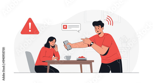 Couple arguing over phone notification, relationship conflict, digital addiction, warning sign