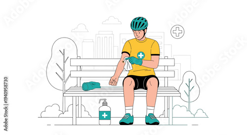Cyclist cleaning wound on arm with antiseptic wipe after fall, sitting on park bench