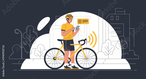 Cyclist using smartphone with smart technology and GPS navigation on bike