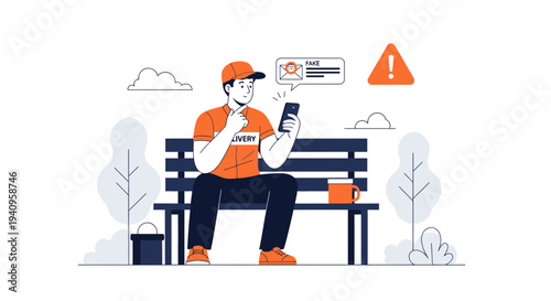 Delivery man checking phone on bench, notification alert, urgent delivery concept