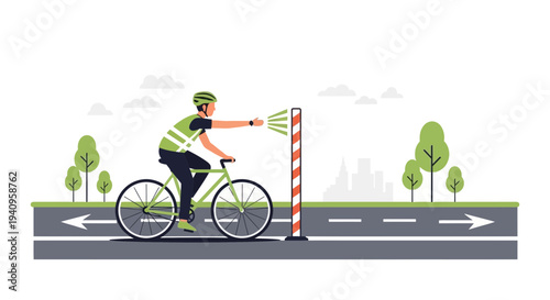 Cyclist using smart bike light on road with city skyline background