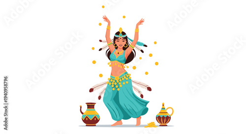 A female dancer wearing a turquoise costume with feathers and gold coins performs a dance surrounded by floating coins and ceramic jars.