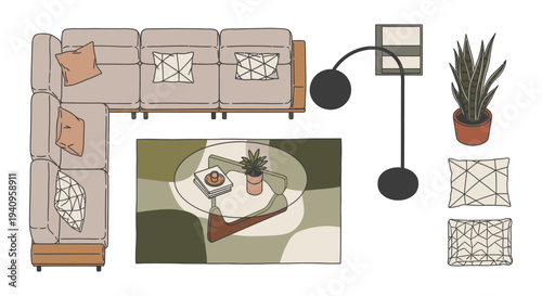 top-down view of a modern living room layout featuring an l-shaped sectional sofa coffee table and stylish home decor.