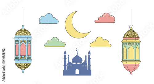 A central yellow crescent moon and a blue mosque silhouette are flanked by two large hanging lanterns and colorful stylized clouds.