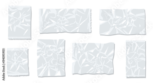 Seven pieces of wrinkled translucent white plastic film with jagged edges and soft shadows are scattered across a solid white background.