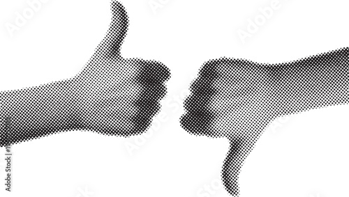 Halftone Like and Dislike Hand Gestures for Social Media Feedback Concept - Black and White Halftone Thumbs Up and Down Symbols, Retro Graphic Design Element