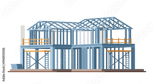 A detailed architectural illustration of a two story house steel frame structure under construction with scaffolding and roof trusses against a white background.