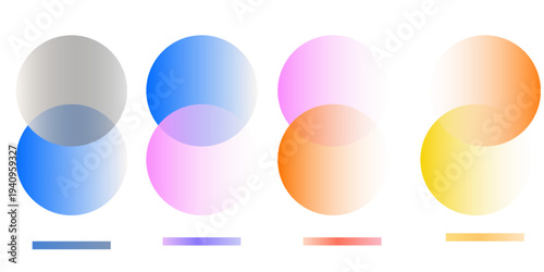 Transparent abstract overlapping circles. Connected round shapes with transparent gradient spin effect. Abstract connected circles background for company logo or corporate