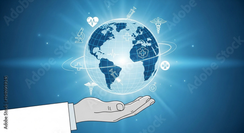 Hand cradling earth globe with orbiting icons on blue background symbolizing global care and connection