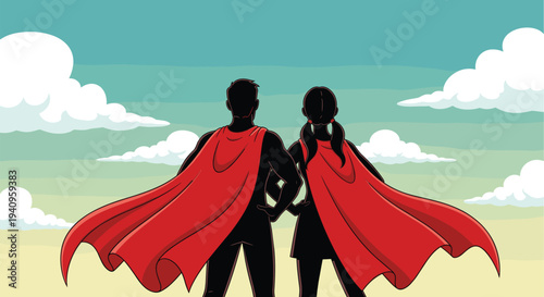 Superhero boy and girl with red capes standing together, friendship and teamwork concept illustration, brave kids heroes looking to horizon vector isolated background