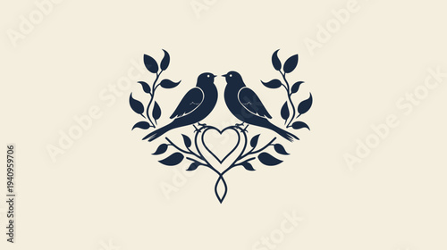 Two birds perched on a heart shaped branch surrounded by foliage
