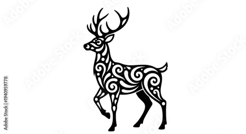 Elegant black and white deer illustration isolated on white background