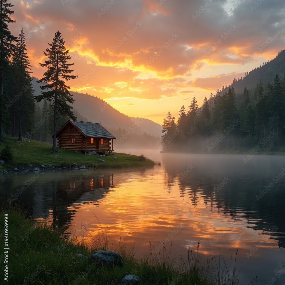 Fototapeta premium Log cabin sits on grassy bank beside misty lake at sunrise. Orange sky reflects on calm water surface. Pine forest covers hillsides in background.